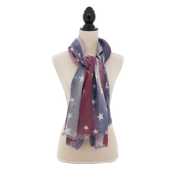 Scarf Americana Independence Day Patriotic red white blue stripes & stars fringe - Picture 3 of 8